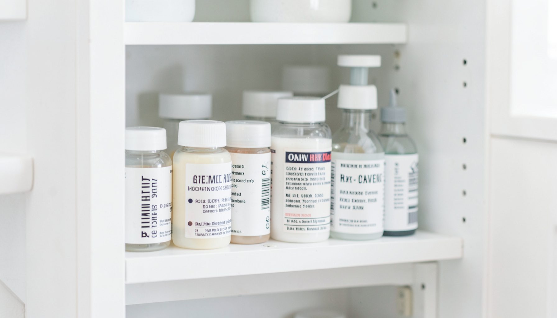 Close-up of a tidy medicine cabinet with clearly labeled containers in a clean, bright bathroom