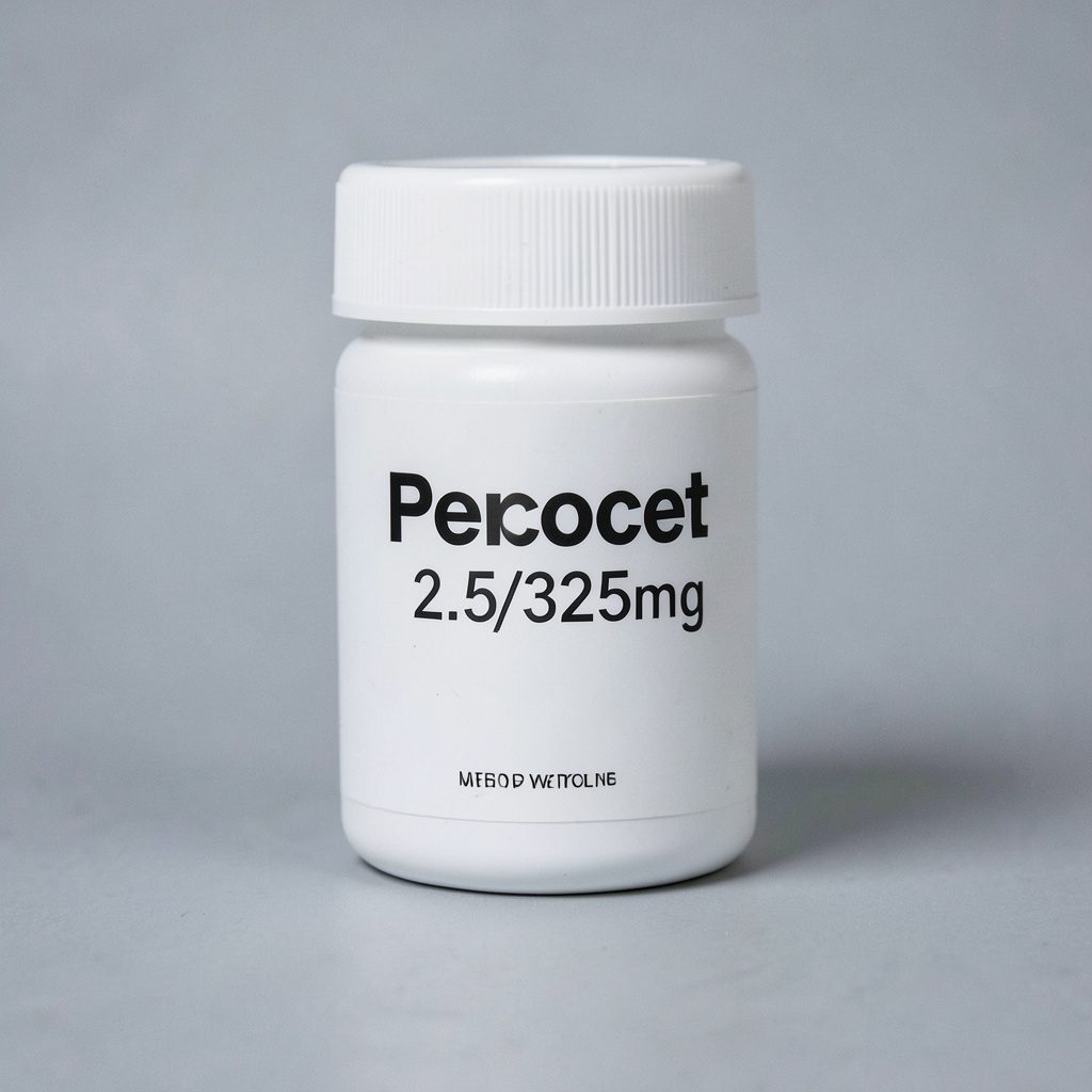 Packaging of Percocet 2.5/325mg tablets shown against a plain white background, muted orange and white tones