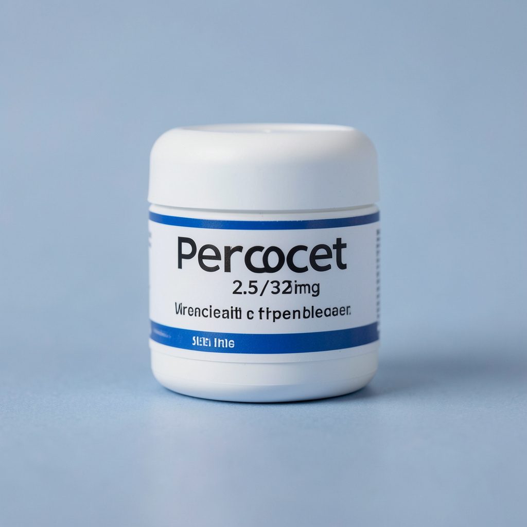 Percocet 2.5/325mg tablets packaging on a plain background, pale orange and white tones