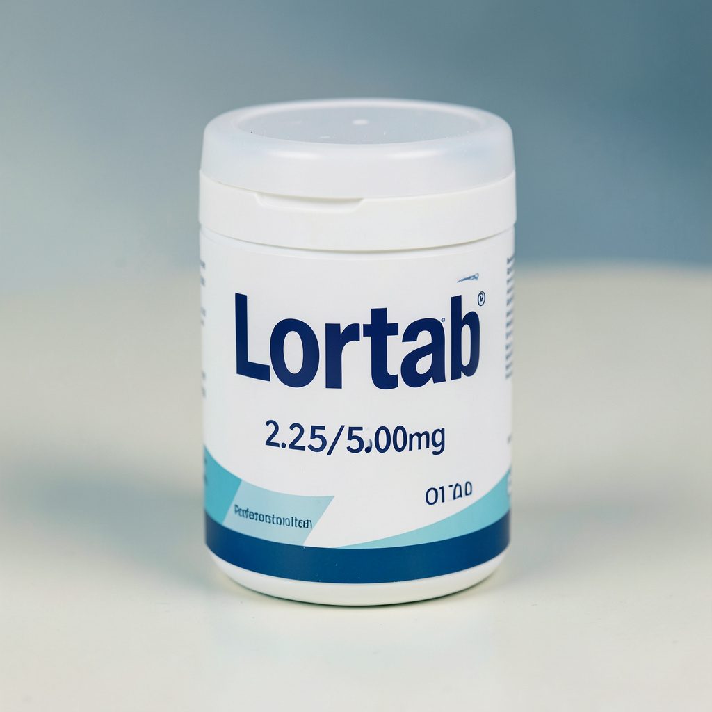 Lortab 2.5/500mg tablets packaging on a plain background, soft blue and white tones