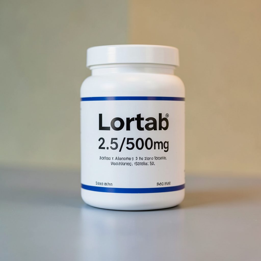 Lortab 2.5/500mg tablets packaging on a plain background, soft blue and white tones