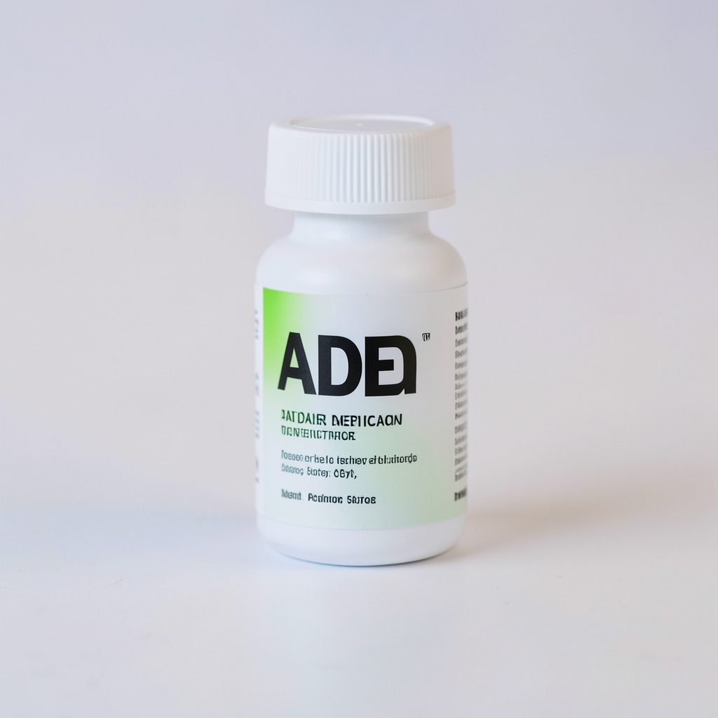 A small orange prescription bottle beside a few round peach-colored tablets on a clean white surface, soft clinical lighting