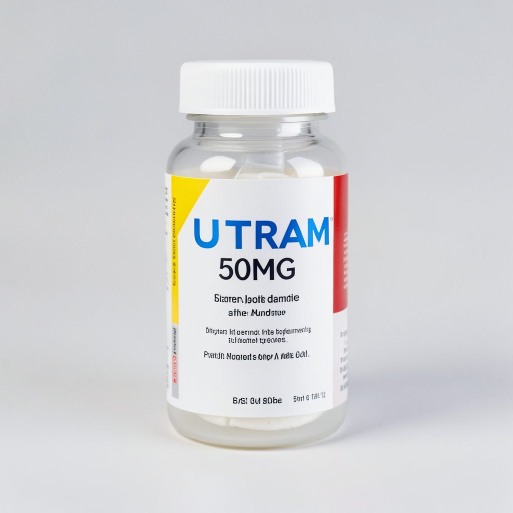 A single ULTRAM 50MG tablet packaging shown on a clean white surface with soft clinical lighting